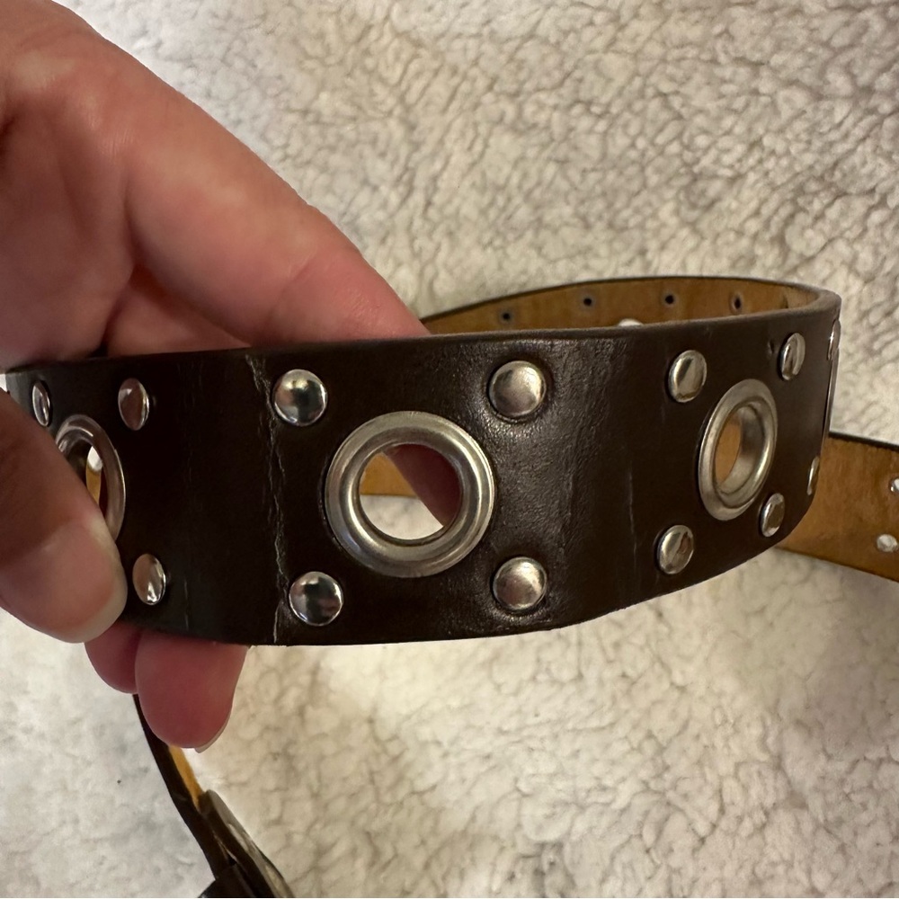 Brown & Silver Double Grommet Y2K Women’s Genuine Leather Belt Size 36 - Picture 2 of 3